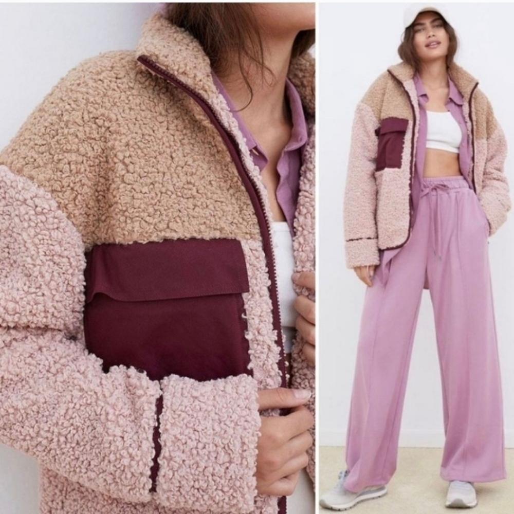 ForLove And Lemons Patchwork Sherpa Full Zip Colorblock Jacket Pink Beige SZ XS - Picture 3 of 17